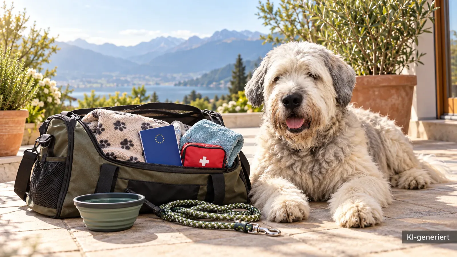 Hund neben einer gepackten Reisetasche mit Hundeausrüstung