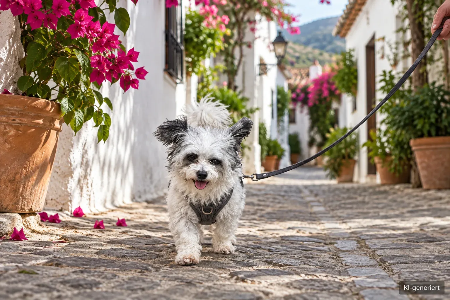 Hund in einer weiß getünchten spanischen Ortschaft