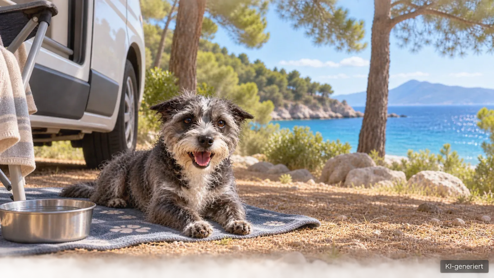 Hund im Schatten auf einem kroatischen Campingplatz