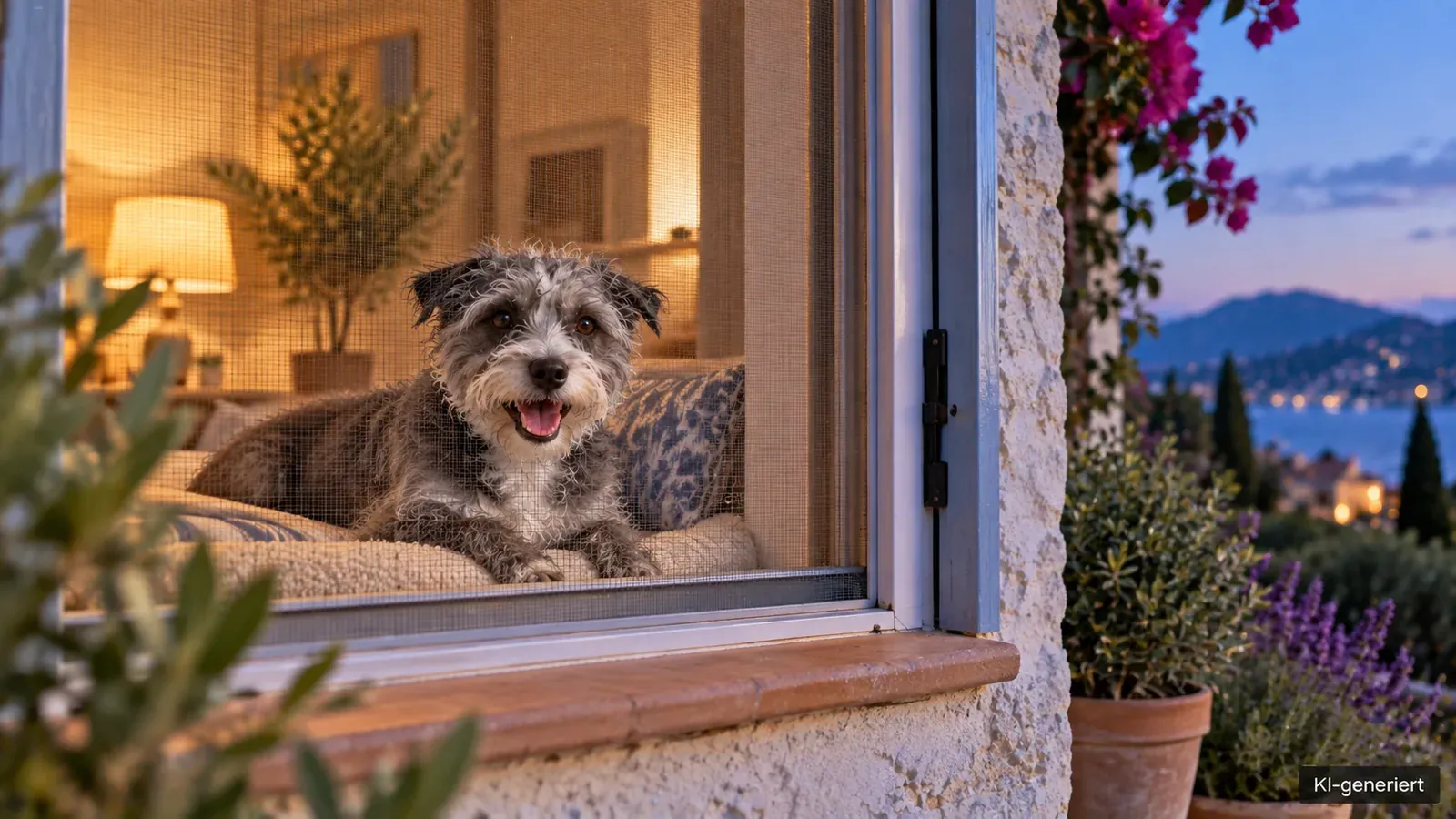 Hund liegt abends geschützt hinter einem Insektengitter