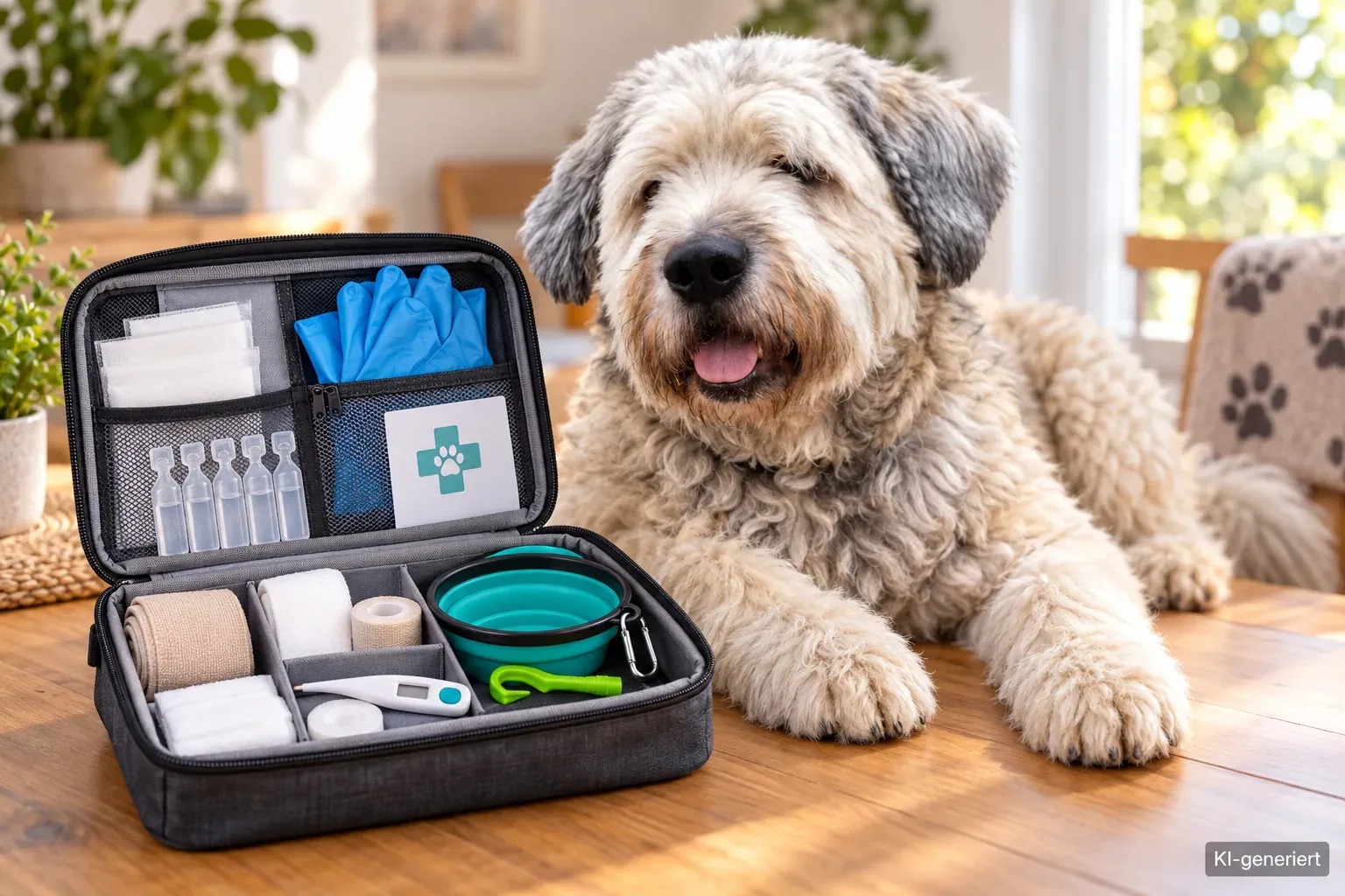 Geordnete Reiseapotheke für Hunde auf einem Tisch