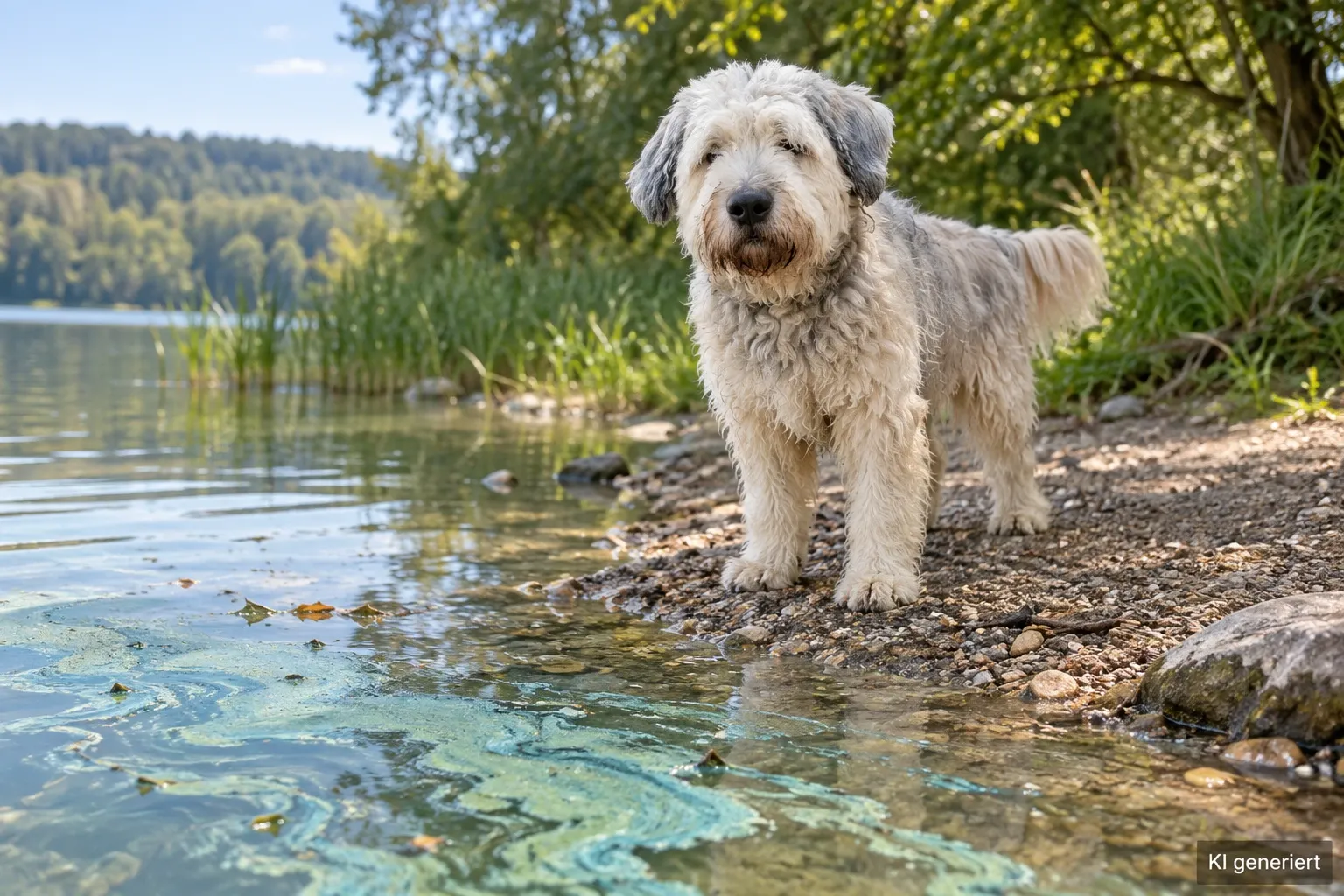 Zotteliger grau-weißer Hund steht am Kiesufer eines Sees, im flachen Wasser davor treiben grünblaue Schlieren